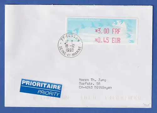 Frankreich ATM Vogelzug Automat LISA 3,00 FRF / 0,45 EUR auf Brief O CESSON 1998