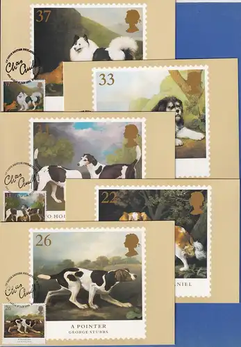 Großbritannien 1991 Hunde Mi.-Nr. 1305-1309 mit ET-O auf Maximumkarten