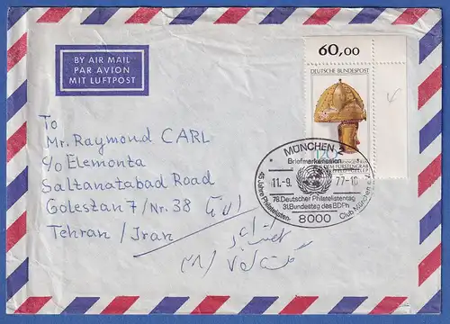 Bund 1977 Mi.-Nr. 944 Eckrandstück OR als EF auf Luftpostbrief nach Teheran