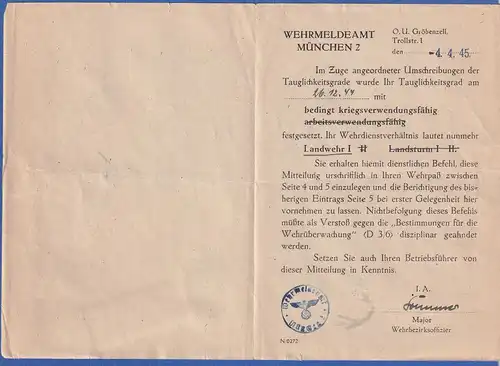 Dt. Reich 5.4.45 Feldpostbrief-Einschreiben vom Wehrmeldamt Gröbenzell