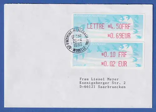 Frankreich ATM Vogelzug Aut. LISA  FRF / EUR 2 Werte auf Brief, O FREYMING 1999