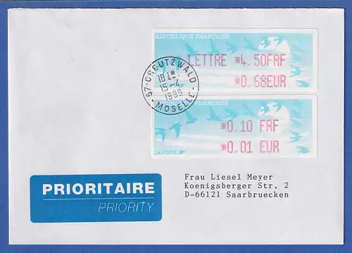 Frankreich ATM Vogelzug Aut. LISA  FRF / EUR 2 Werte auf Brief O CREUTZWALD 1999