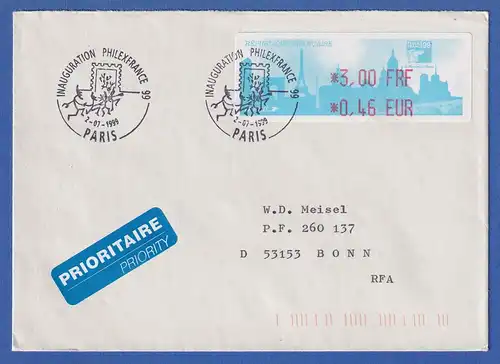 Frankreich ATM PHILEXFRANCE`99 3,00 FRF / 0,46 EUR auf gel. FDC nach Bonn