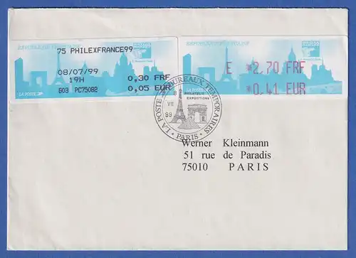 Frankreich ATM PHILEXFRANCE`99 E 2,70 FRF / 0,41 EUR sowie SFS auf Brief 