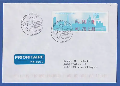 Frankreich ATM PHILEXFRANCE`99  4,60 FRF / 0,70 EUR auf Brief n. Völklingen