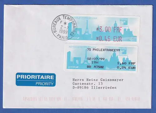 Frankreich ATM PHILEXFRANCE`99  3,00 FRF / 0,46 EUR + SFS auf FDC nach D