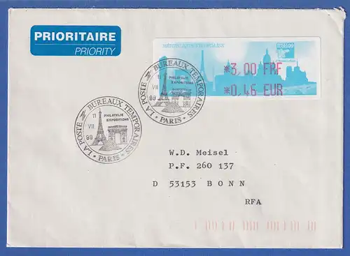 Frankreich ATM PHILEXFRANCE`99 Wert 3,00 FRF / 0,46 EUR auf Brief nach Bonn