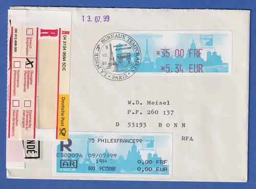 Frankreich ATM PHILEXFRANCE`99 Wert 35,00 FRF / 5,34 EUR auf R-Brief n. Bonn
