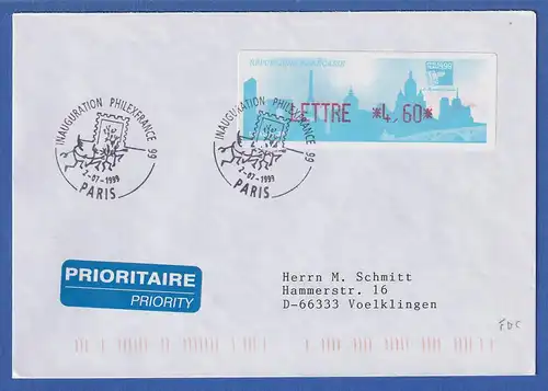 Frankreich ATM PHILEXFRANCE`99 Wert LETTRE 4,60 auf FDC mit So.-O 2.7.1999