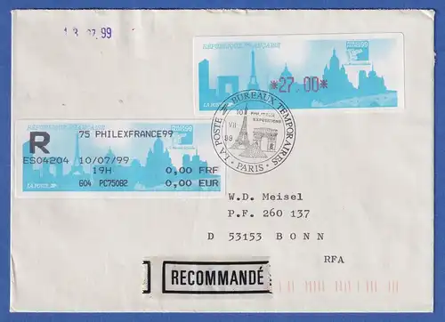 Frankreich ATM PHILEXFRANCE`99 Wert 27,00 auf R-Brief nach Bonn, So.-O 10.VII 99