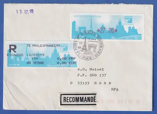 Frankreich ATM PHILEXFRANCE`99 Wert 27,00 auf R-Brief nach Bonn So.-O 10.VII 99