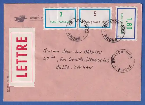 Frankreich Brief mit 3 Übungs / Training-Briefmarken SANS VALEUR, O LYON INCA 