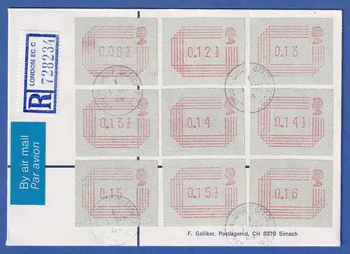 Großbritannien FRAMA-ATM 9 Werte auf R-FDC mit Tages-O London 1.5.84 gel nach CH