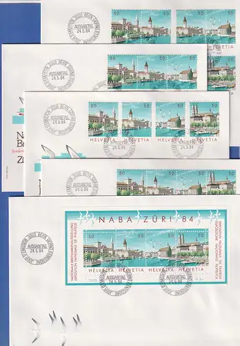 Schweiz 1984 NABA-Block und Zusammendrucke komplett auf 5 FDC