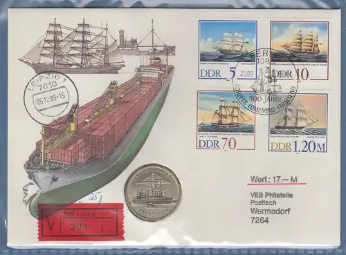 DDR 1989 Numisbrief mit 5 Mark Überseehafen Rostock  als Wertbrief gelaufen
