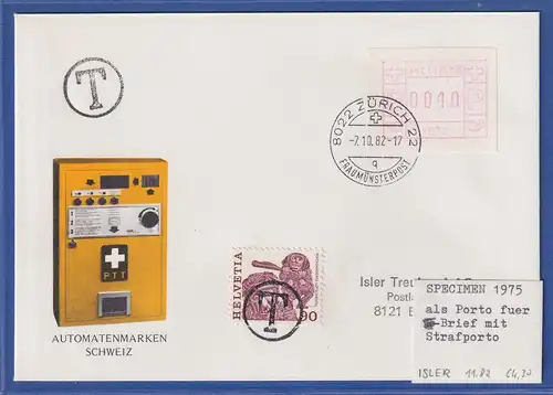 Schweiz ATM  SPECIMEN der 1. Ausgabe 1975, 1982 auf Brief verwendet, nachtaxiert