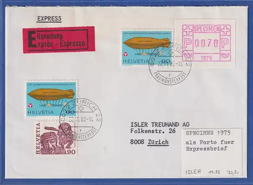 Schweiz ATM  SPECIMEN der 1. Ausgabe 1975, 1982 auf Express-Brief verwendet !