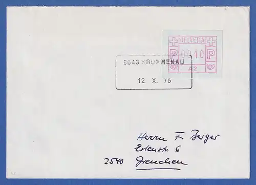 Schweiz 1976, 1. FRAMA-ATM Standort A2 Wert 0040 auf Brief mit Rahmen-O KRUMENAU