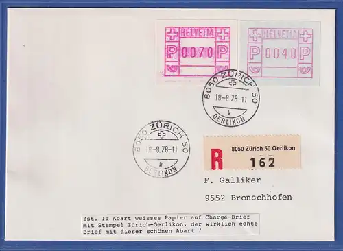 Schweiz 1978, FRAMA-ATM Mi-Nr. 2 Abart WEISSES PAPIER auf R-Brief Zürich 18.8.78