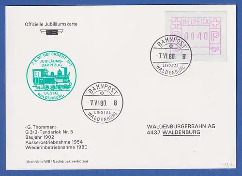 Schweiz 1978, FRAMA-ATM Mi-Nr. 2  O auf Brief mit Bahnpost-O LIESTAL-WALDENBURG