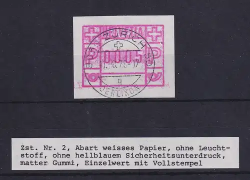 Schweiz 1978 FRAMA-ATM Mi-Nr. 2 Abart WEISSES PAPIER Wert 0005 mit Voll-O Zürich