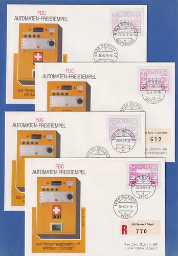 Schweiz 1978 FRAMA-ATM Mi-Nr. 2 je R-FDC 26.6.78 ZÜRICH, BERN, GRINDELWALD, GENF