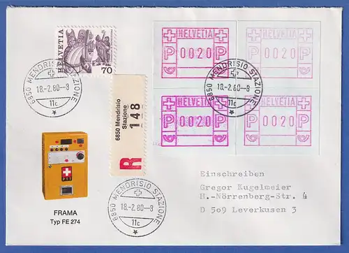 Schweiz 1978 FRAMA-ATM Mi-Nr. 2 R-Brief mit 4 ATM, je 0020 und ZF, O MENDRISIO