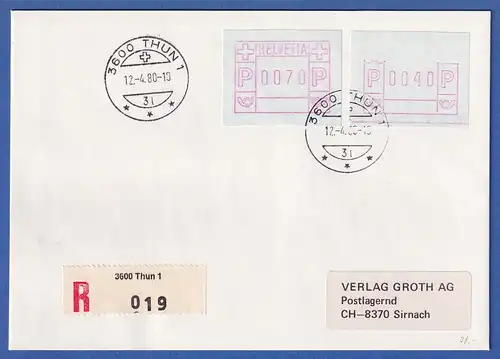 Schweiz 1978 FRAMA-ATM Mi-Nr. 2 und Teildruck Mi.-Nr. 3.1a auf R-Brief aus THUN