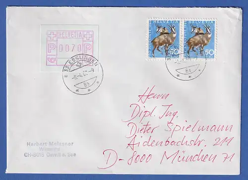 Schweiz 1978 FRAMA-ATM Mi-Nr. 2 Wert 0070 in MIF auf Brief nach D, O ESSLINGEN