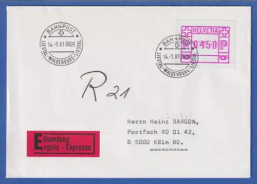 Schweiz FRAMA-ATM Mi-Nr 3.1a Wert 0450 auf Express-Brief mit Bahnpost-O 14.5.81