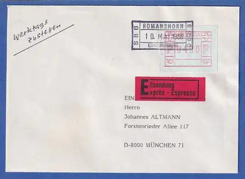 Schweiz FRAMA-ATM Mi-Nr. 3.5b Wert 490 auf Eilbrief aus Romanshorn nach München
