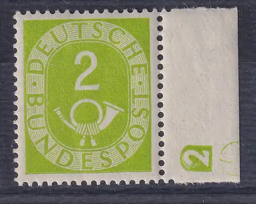 Bund 1951 Posthorn 2 Pf Mi.-Nr. 123  Seitenrandstück mit Druckerzeichen 2 **