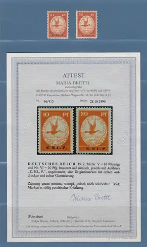 Dt. Reich 1912 Flugpost mit Aufdruck E.EL.P.  Satz 10-20 Pfg ** , Attest Brettl 