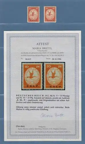 Dt. Reich 1912 Flugpost mit Aufdruck E.EL.P.  Satz 10-20 Pfg ** , Attest Brettl 