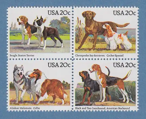 USA 1984 Hunde / dogs Mi.-Nr 1708-11 Viererblock postfrisch ** 