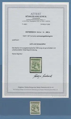 Österreich 1925 Freimarke 1 S gelbgrün, einwandfrei ** mit Attest Soecknick BPP