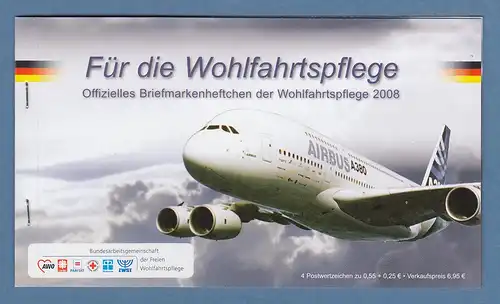 Bundesrepublik 2008 Wohlfahrts-MH Airbus A380 mit 4x Mi-Nr 2671und Infos