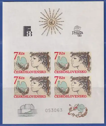 Tschechoslowakei 1988 Briefmarkenausstellung Helsinki - Prag Mi.-Nr. Block 83 **