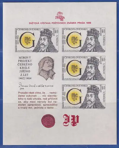 Tschechoslowakei 1988 Briefmarkenausstellung Prag König Georg Mi.-Nr. Block 90**