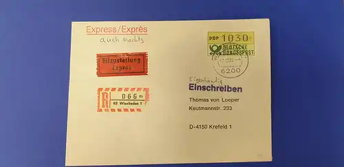 ATM 1.1 Wert 1030 auf R-Eigenh.-Express-Brief Ersttag STS Wiesbaden 7.10.82 