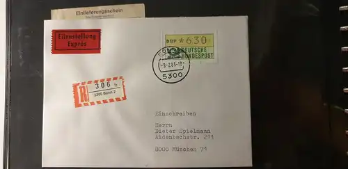 ATM 1.1 Wert 630 aus STS Bonn auf R-Eilbrief , O vom Ersttag 9.2.83  (ohne TQ)