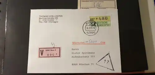 ATM 1.1 Wert 480 aus STS Bonn auf Wertbrief, Stempel Ersttag 9.2.83 (ohne TQ)