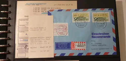 ATM 200Pfg aus STS und 80Pfg aus MWZD auf R-Brief n. Luxemburg, mit AQ und TQ 