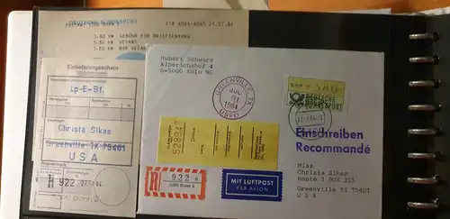 ATM 380Pfg aus STS Bonn auf Lp-R-Brief nach Texas,  mit TQ 27.7.84