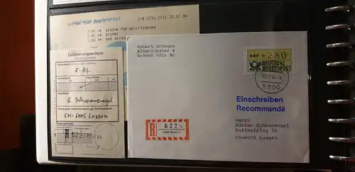 ATM 280Pfg aus STS Bonn auf R-Brief nach Luzern,  mit TQ 20.7.84