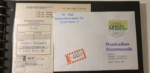 ATM 280Pfg aus STS Bonn auf R-Brief nach Köln,  mit TQ vom LETZTTAG 31.7.84