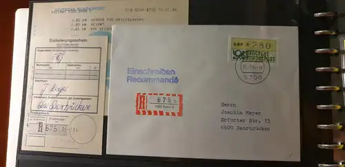 ATM 280Pfg aus STS Bonn auf R-Brief,  mit TQ vom LETZTTAG 31.7.84