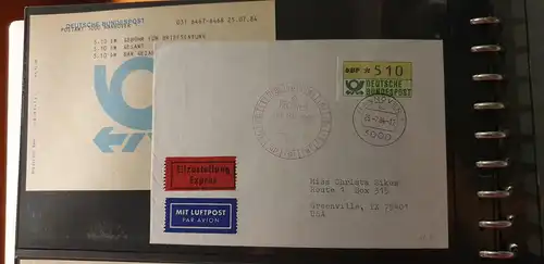 ATM 510Pfg aus STS Hannover auf Lp-Eilbrief nach Texas,  Tages.-O 25.7.84, TQ