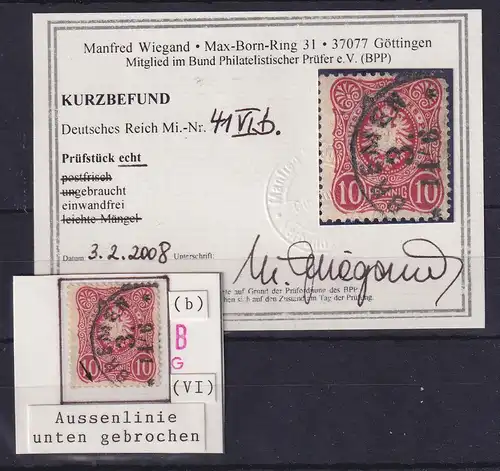 Dt. Reich 10 Pfennig Mi.-Nr. 41 b Plattenfehler VI, O, gepr. KB WIEGAND BPP