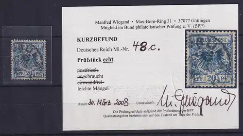 Dt. Reich 20 Pf Krone/Adler Mi.-Nr. 48 c, kleines Loch, gestempelt, geprüft BPP